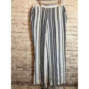 Ellen Tracy Linen Pants Womens 10 Navy & White Striped Beachy Wide Leg Pockets